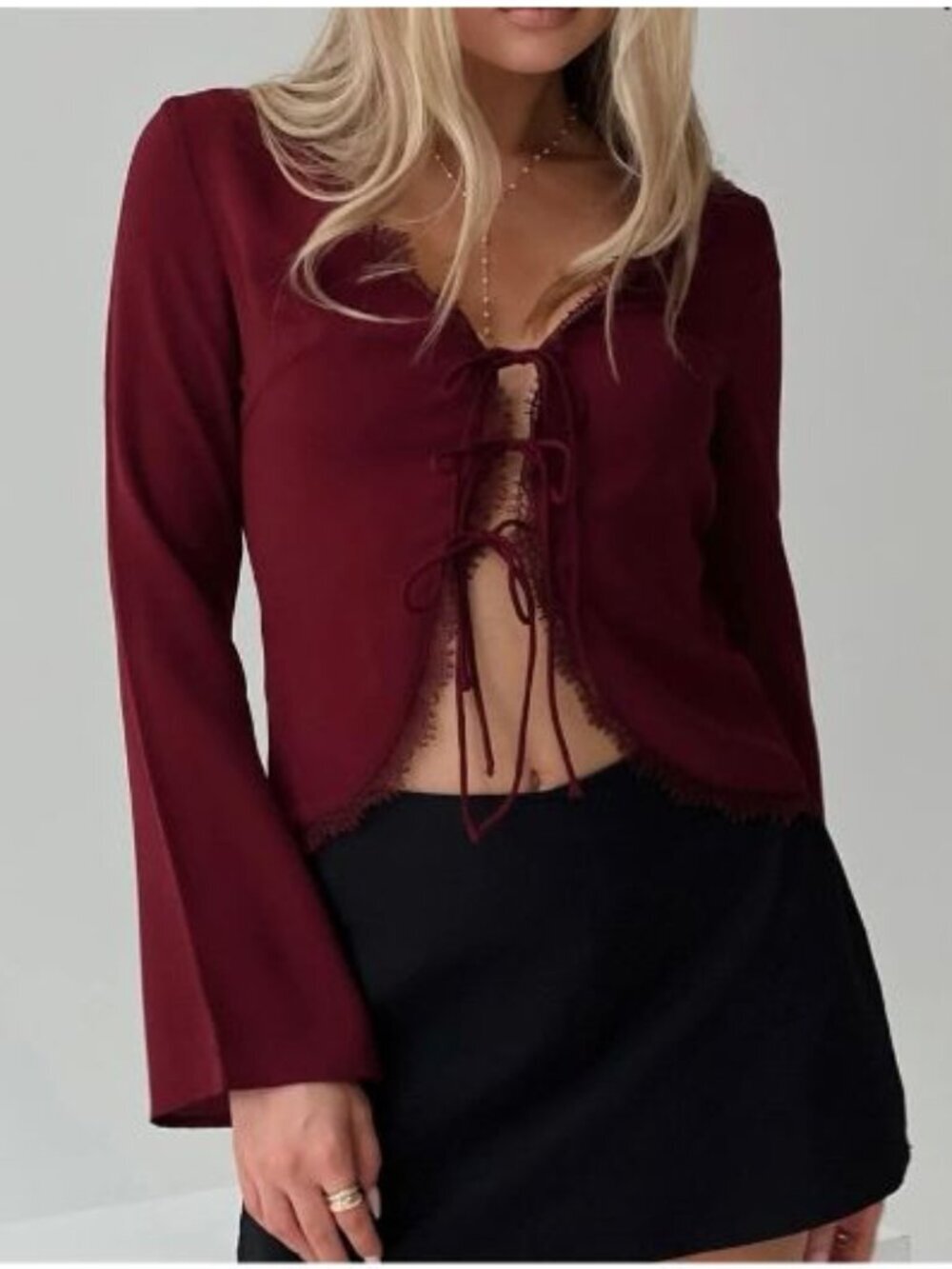 NWT Princess Polly Hagner Lace Tie Front Long Sleeve Top Burgundy US 4
